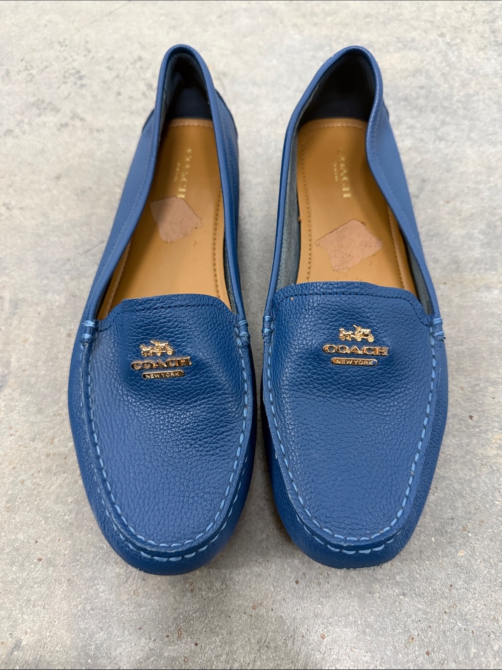 Coach Women's Blue Pebbled Leather Slip-On Loafers with Gold Logo